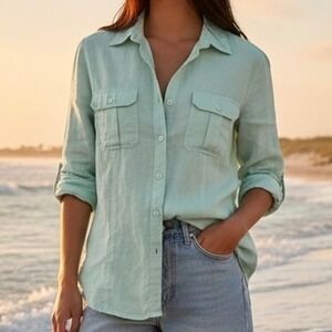 Jean-Pierre Klifa Womens M Seafoam Green 100% Linen Button Down Shirt Classic